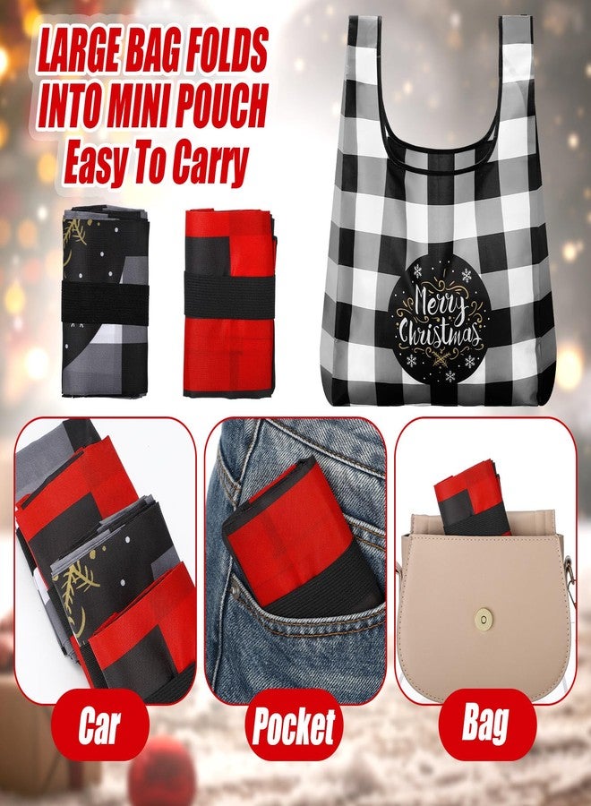 SilTriangle 12 Pack Buffalo Plaid Christmas Reusable Grocery Tote Bags Bulk Shopping Heavy Duty Foldable Christmas Gift Bags with Handles Large Holiday Gifts - Image 3